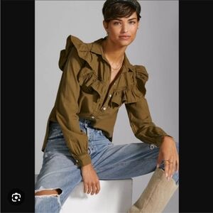 423-Pilcro Olive Ruffle Button-Up Women's Top
